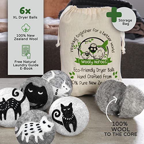 Wooly Heroes Wool Dryer Balls - Organic Eco Friendly - 6-Pack Xl ~ Reusable Fabric Softener ~ With Free Natural Laundry Ebook (Kitty & Friends) #TOP7