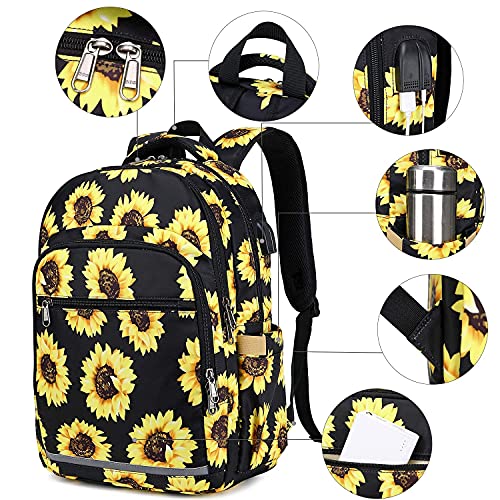 Bluboon Backpack For Women 15.6 Inch Laptop Bookbag College School Backpack Girls Floral Schoolbag Compartment Daypack For Business Travel With Usb Charging Port And Headphone Interface Sunflower #TOP6
