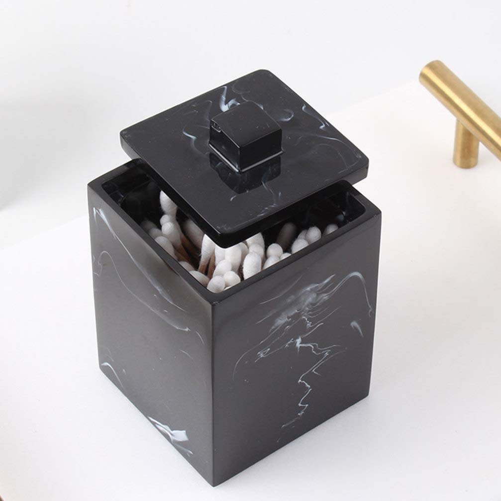 Caja De Hisopos De Algodón De Mármol con Tapa para Hisopos De Algodón De Maquillaje, Tarro De Bastoncillos De Algodón De Maquillaje-Black