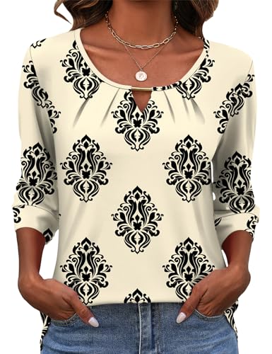 Rapbin 3/4 Length Sleeve Tops Crew Neck Casual Basic Pleated Blouses 2026