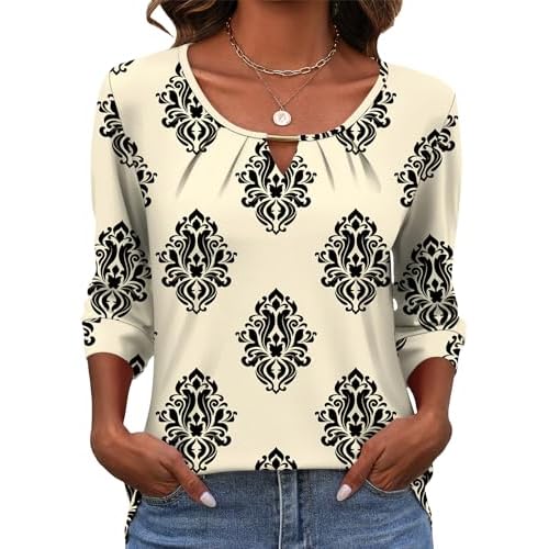Rapbin 3/4 Length Sleeve Tops Crew Neck Casual Basic Pleated Blouses 2026 Trendy Apricot Black Pattern X-Large