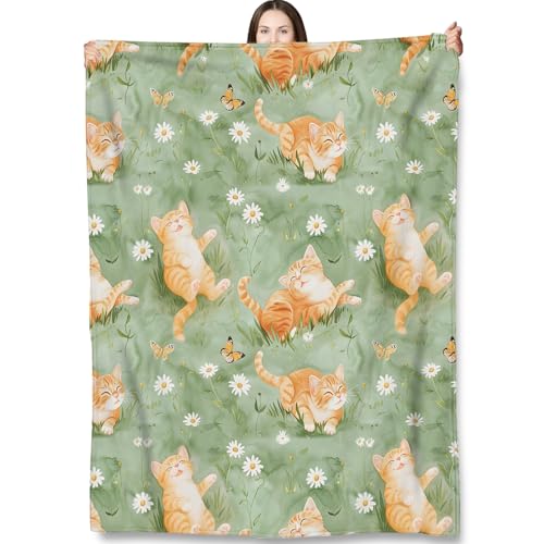 Orange Tabby Cat Throw Blanket for Adults Kids, 50x60 in, Cute Kitten Theme Flannel Blankets for Bedroom, Couch, Travel, Home Decor, Fuzzy Soft Cozy Warm Gifts