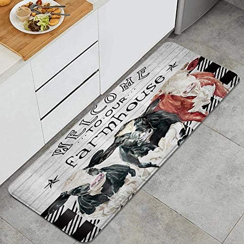 FOURFOOL Standing Mat Kitchen Rug,Farmhouse Cow Vintage Cattle and Funny Words Welcome to Our Farmhouse on Rustic Wooden Board Watercolor Animal,Floor Carpet Door Mat Runner for Laundry,Floor Home
