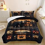 lneffble Black Bear Comforter Set Queen Size for Boys Kids,Rustic Theme Woodland Cabin Lodge Bear Hunting Bedding Set,Soft Microfiber Wildlife Forest Animals Print Quilt Set