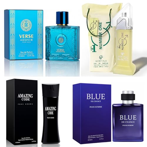 Mens Cologne Set, EDP, 4 Pack (3.4 oz / 100 mL), Number One, Amazing Code, BLUE DE CHANCE, VerBlue, Lucky Amber Nights, for commute, summer days and travel