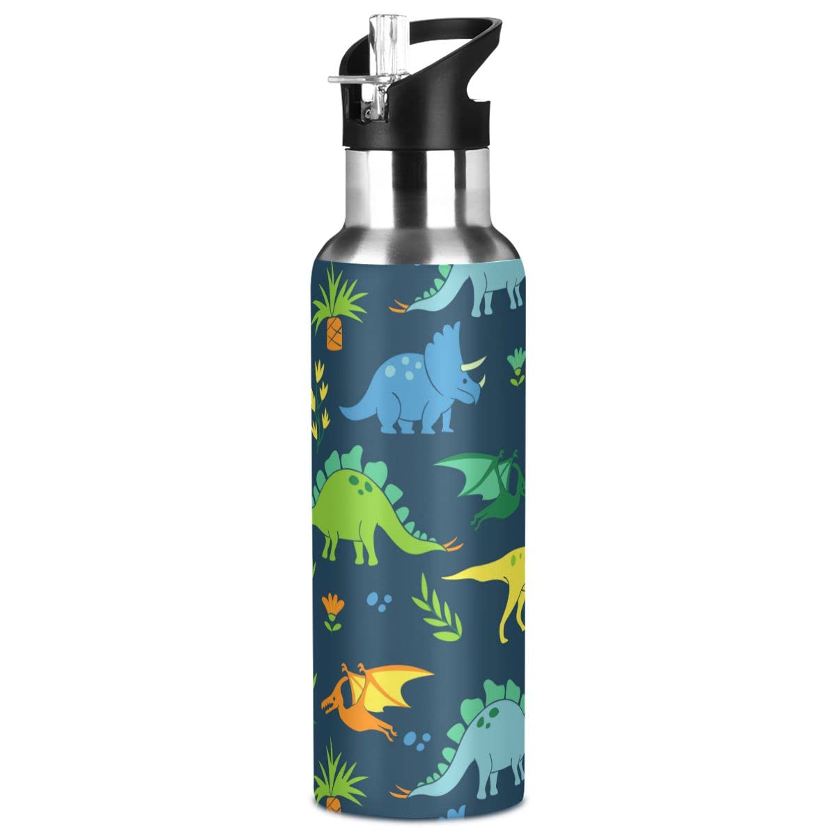 Edelstahl Wasserflasche mit Strohhalm, Dinosaurier isolierte Trinkflasche Sport Wasserflasche für Kinder Erwachsene, auslaufsicher, 1L