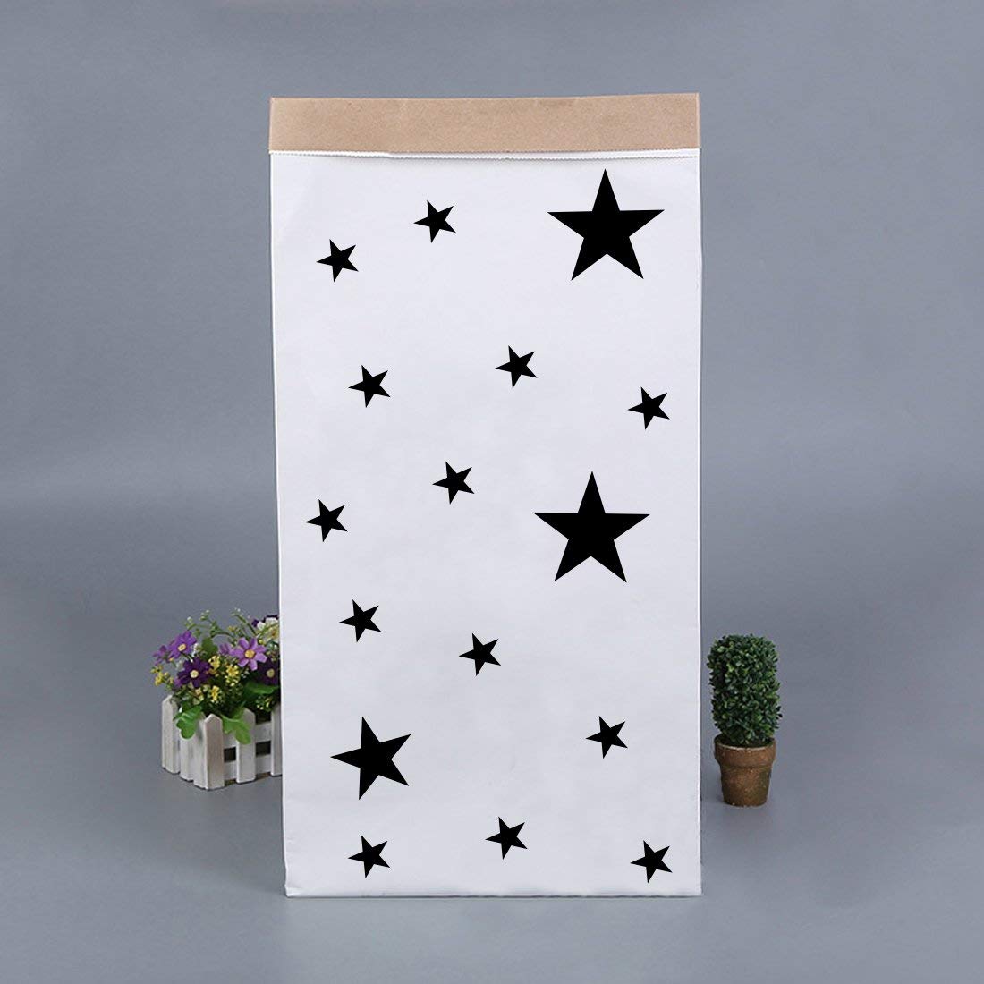 JameStyle26 Aufbewahrungsbox Papiersack Kraftpapier Geschenk Tüte Beutel Mülleimer Papiertüte Paper Bag Kinderzimmer Spielzeug Weiß Braun (Stern)
