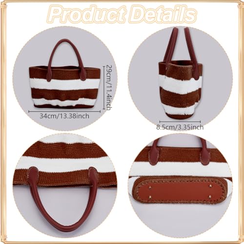Image of ORIGACH DIY Crochet Handbag Kit for Beginners, Dark Brown Striped Tote Bag with PU Leather Band and Base, Complete Crochet Set to Make a Bag, Include Yarn, Hooks, Markers and Instruction
