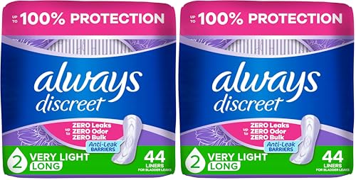 Image of Always Discreet Adult Incontinence & Postpartum Liners for Women, Size 2, Very Light Absorbency, Long Length, 44 Count (Packaging May Vary) (Pack of 2)