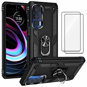 Capa para Motorola Edge (2022) Capinha com protetor de tela de vidro temperado [2 Pack], Case para telefone de proteção militar com suporte para Motorola Edge (2022) (preto)
