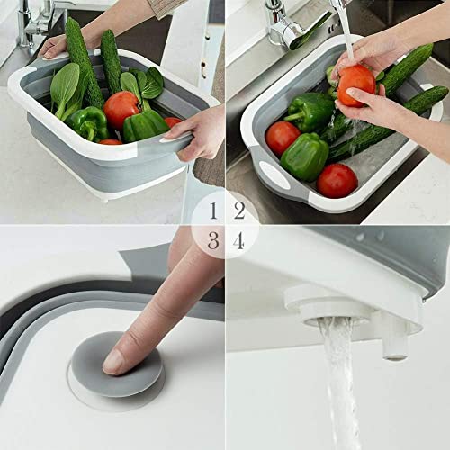 Image of Maruti Creation Collapsible Cutting Board 3 in 1 (Grey) Multi-Functional Chopping Board, Basket and Strainer, Chopping Board with Colander, Draining Foldable Silicone Dish Tub for Vegetable,Fruits