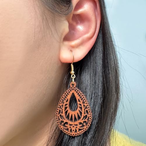 Vintage Boho Wooden Earrings for Women Handmade African Teardrop Wood Dangle Earrings Lightweight Hollow Bohemian Jewelry4