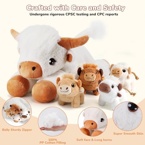 Image of gnomantic Highland Cow Stuffed Animals with Babies, Mommy Toy for Kids | 5-Piece set: 1 mommy highland cow + 4 surprise babies inside. Unzip belly to reveal babies. Ultra-soft, safe for ages 3-8.