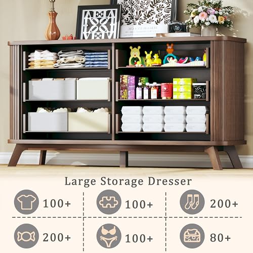 Image of HUAHUU Fluted 6 Drawers Dresser for Bedroom, 55 inch Mid Century Modern Dresser & Chests of Drawers, Curved Profile Design, Dresser TV Stand, for Entryway, Hallway, Walnut