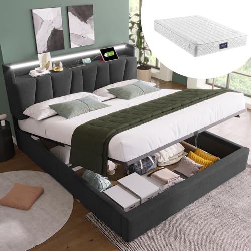 VSOGA Polster-Doppelbett 140x200 cm mit USB Ladefunktion, LED und Stauraum, Leinenmaterial, Bettgestell mit Lattenrost, Grau, Inklusive Matratze