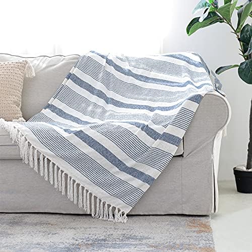 Decorative Blue White Striped Throw with Fringe, Soft Chenille Knitted Farmhouse Lightweight Blanket with Tassels for Couch Sofa Chair Bed Office Home Décor, Blue and Ivory, 60" x 80"