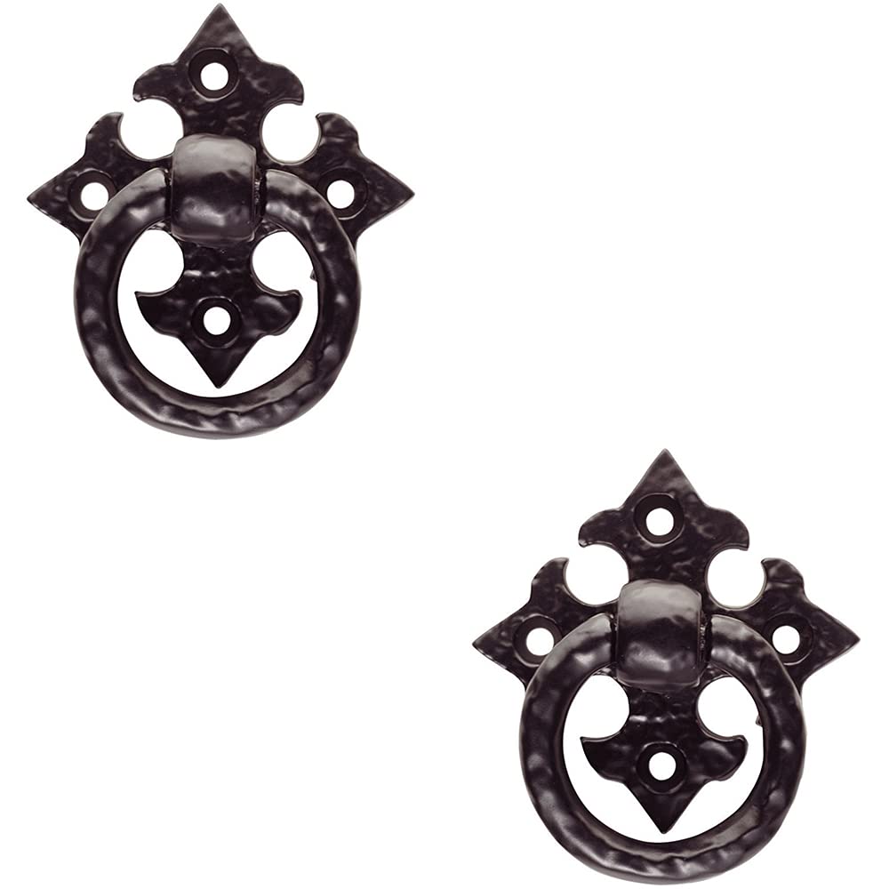 2 Pack | Ornate Cabinet Ring Pull on Cross Backplate - 35mm Fixing Centres- Black Antique | Traditional Cabinet Pull Handle - Wardrobe Cupboard Door Handle - Suitable for Lightweight Internal Doors