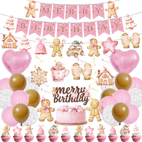 Pink Gingerbread Man Decorations,Christmas Birthday Decorations Banner Cute Candy House Cake Topper Latex Balloons for Boys Girls Merry Christmas Birthday Party Supplies Baby Shower