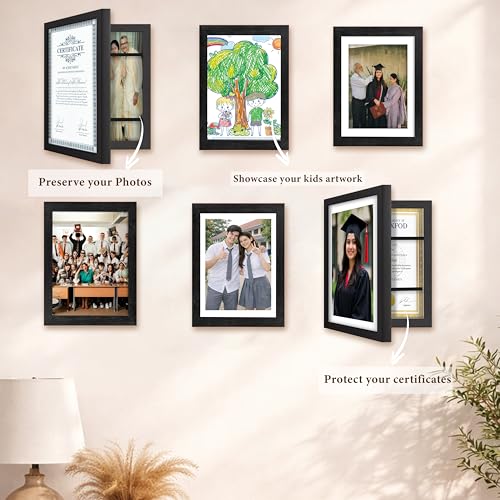 Image of Wooden Document Photo Frame with Storage, Certificate Holder Frame for Wall Mount & Tabletop | Memory Frame for Birth Certificate, Awards & Photos | Premium Finish ( Black, Size 9.2X12.6 Inch )