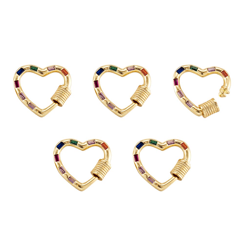 Craftdady 5Pcs Cubic Zirconia Screw Carabiner Lock Charms Real Gold Plated Heart Necklace Connector Clasp Clip Colorful Rhinstone for Jewellery Making