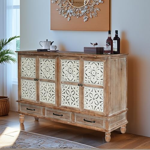 Image of Hallway Cabinet - Solid Wood Farmhouse Storage Cabinet,Vintage Entry Way Cabinet with Storage,French Country Sideboard Buffet with Doors and Shelves