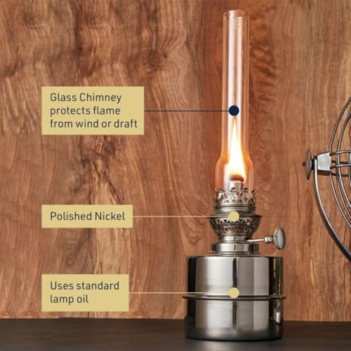 Kings County Tools Oil Lamp - 13” Extra-Bright Hurricane Lamp with Antique-Style Nickel Body and Glass Chimney - Decorative Kerosene Lantern with Adjustable Wick - Oil Lamps for Indoor Use