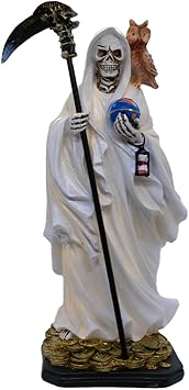 12" Santa Muerte Statue | Our Lady of a Holy Death | Gold-tone, Red, or Brown Robe | Skeleton Statue Holding a Globe and Scythe with a Brown Owl on her shoulder | Home Decor White