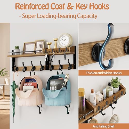 Image of 29 inch Coat Rack Wall Mount with Shelf, Entryway Wall Shelf with Hooks, Heavy Duty Coat Hanger Wall Mount with Key Holders and Mail Organizer for Living Room, Bedroom, Wooden Brown & Black