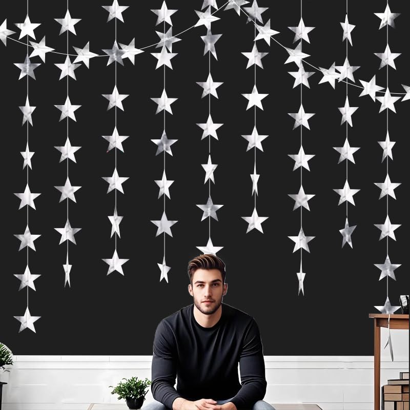 Image of Silver Shining Star Hanging Garland Silver Hanging Sparkling Star Streamer Glitter Bunting Banner Twinkle Backdrop for Wedding Baby Shower Birthday Christmas Decorations 40 Feet