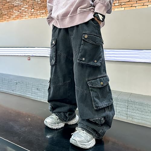 Boys Cargo Pants for Kids Comfortable Elastic Waist Loose Denim Trousers Casual Straight Fit Wide Leg Youth Jeans4