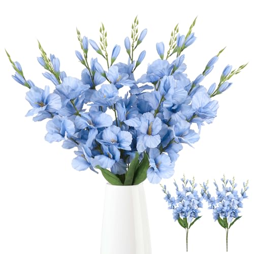 ICBOX Lot de 2 fleurs artificielles de glaïeul avec 10 têtes de 67 cm - Bleu clair - Fleurs de glaïeul artificielles pour centres de table de mariage,...