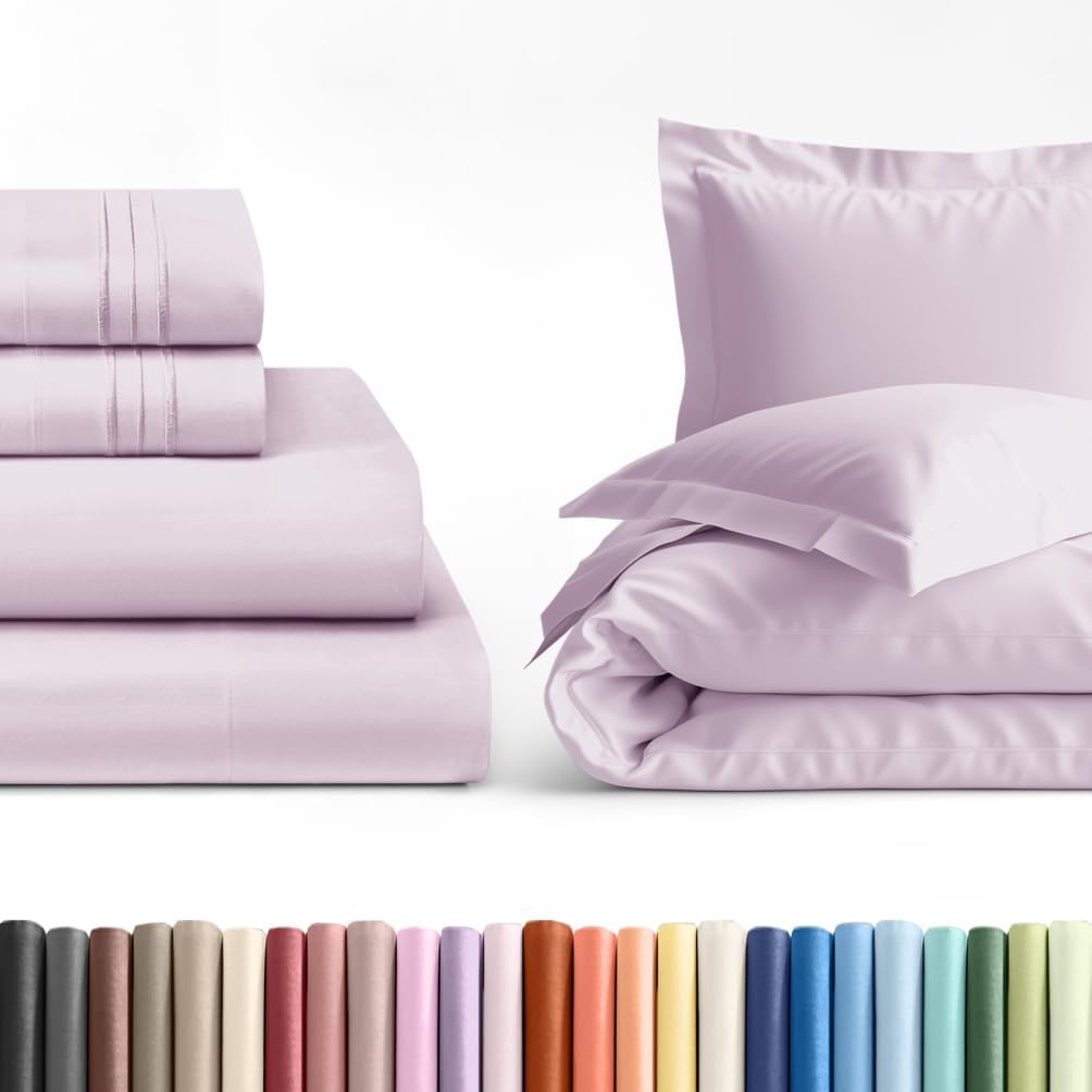 4pc Light Lavender Sheet Set with Duvet (Queen Size) Bundle - Bed Set Includes Fitted Sheet, Flat Sheet, Duvet Cover and Pillow Cases/Shams - Hotel Luxury Bedding Set - Breathable & Cooling Duvet Set