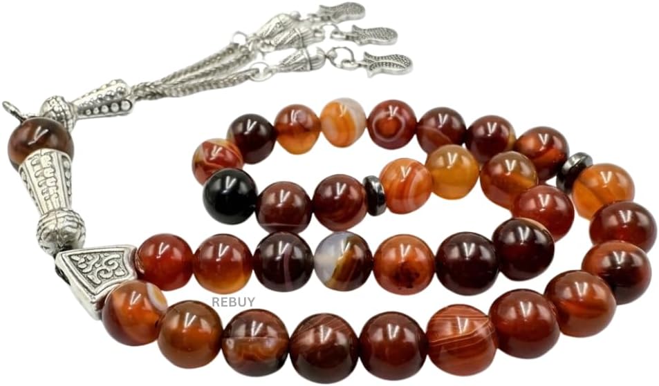 REBUY Agate Stone Tasbih Red Agate Natural Stone 33 Beads Misbaha Prayer Beads Tasbeeh , Bead Size 8 MM