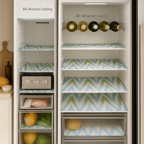 Image of Side-by-Side Door Fridge Shelf Liners Set: Mats for Refrigerator and Freezer Sections -Machine Washable Liners for Glass Shelves, Drawers, Trays Refrigerator Accessories, Pack of 22(Aqua Blue)