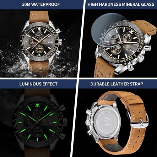 BY BENYAR Mens Watches Analog Quartz Chronograph Waterproof Men's Wrist Watches Business Casual Fashion Classic Designer Elegant Dress Watch with Calendar Leather/Stainless Steel Strap Gifts for Men - Image 6