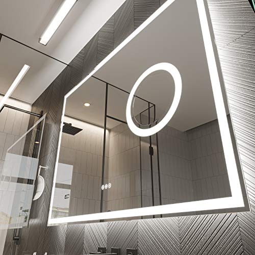 PetusHouse 48 X 36 Inch LED Lighted Smart Bathroom Mirror, Bluetooth Speaker and 5.5 Inch 3X Lighted Magnifier, Wall Mounted White Light Backlit Dimmable Anti-Fog Time Display CRI>90, Horizontally