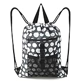 Black Drawstring Backpack for Sports Gym String Bag w Zip Mesh Pockets Cute Heavy Duty Machine Washable Cinch Sackpack Durable Gymsack w Inside Pocket Dot Pint