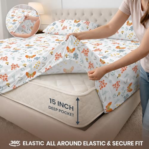 Image of SGI Split King Sheet Set for Adjustable Bed Egyptian Premium Cotton 600 Thread Count Sheets for Sleep Number Bed 15 inch Deep Pocket 5 Pc Set with 2 Twin XL Fitted Sheets Soft Breathable -Butterfly Garden