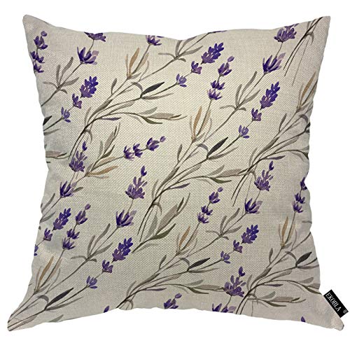 Ekobla Lavender Throw Pillow Cover Purple Flowers Watercolor Spring Plants Blossom Leaves Cozy Square Cushion Case For Men Women Boys Girls Room Home Decor Cotton Linen 18X18 Inch #TOP10