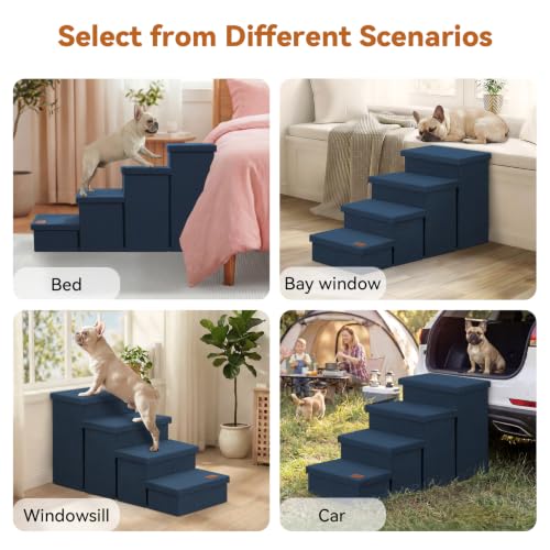 Image of Zerbuger Dog Stairs with Storage, Navy Blue 4 Steps Dog Ramp no Condo | 23 inch H Wider Dog Steps for High Beds Couch, Folding Storage Pet Stairs Gift for Climbing Small /Medium /Large Old Dogs Cats