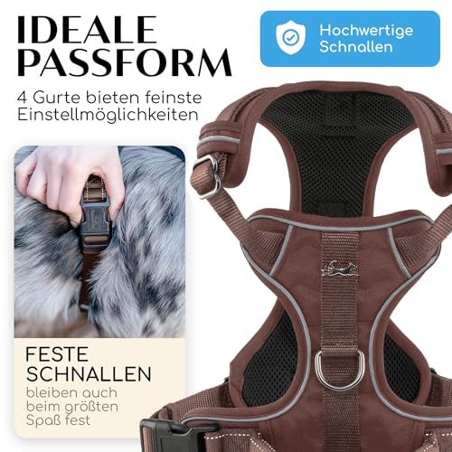 FREUDENTIER Hundegeschirr mit Griff, atmungsaktiv gepolstert - Bombenfester Sitz & maximale Sicherheit - Anti Zug Hundegeschirr kleine, mittelgroße & Grosse Hunde - Hunde Geschirr (Braun, XL)