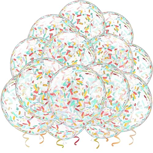 Image of 25 Pcs Rainbow Confetti Balloons, 12 Inch Thickened Clear Latex Balloon with Confetti Inside for Birthday Party Baby Shower Graduation Engagement Bridal Shower Decorations Supplies (Long Confetti)