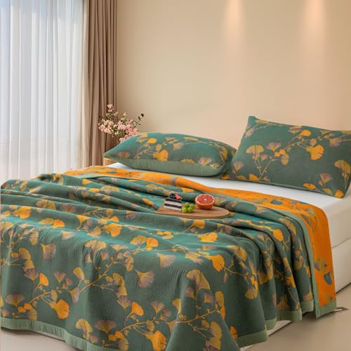 Reversible Ginkgo Quilt King Size Bedding Set with 2 Pillow Shams Soft Cotton Bedspread Set Lightweight Quilted Coverlet Set for All Seasons