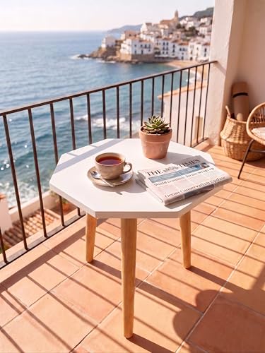 Image of Modern Octagon Side Table with 3 Wooden Legs, Minimalist End Table /Coffee Table for Living Room, Bedside Nightstand for Bedroom, Balcony & Small Spaces