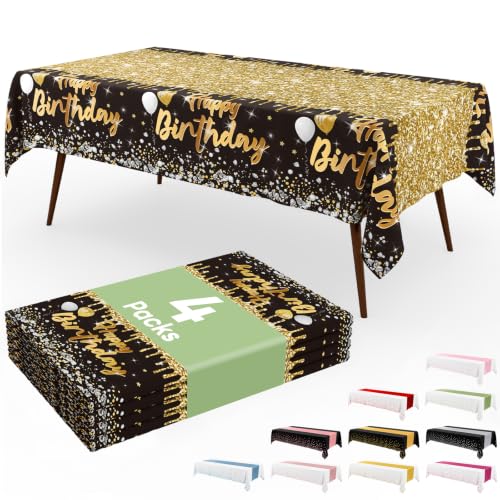 Image of Smiry Plastic Table Cloth Disposable 4 Pack, 54 x 108 Inch Rectangle Waterproof Tablecloth, Printed Gold Table Runner Style for Birthday Weeding, Party Decorations, Leakproof & Sturdy, Black and Gold