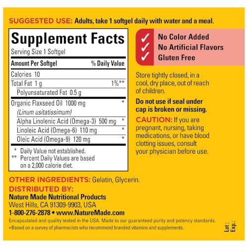 Nature Made Flaxseed Oil 1000 mg Softgels, 100 Softgels | Fish Free Omega 3 Supplement, Dietary Supplement for Heart Health Support, 100 Day Supply - image 6