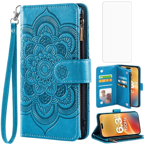Étui portefeuille iPhone 17 en cuir PU avec motif mandala et clapet de protection