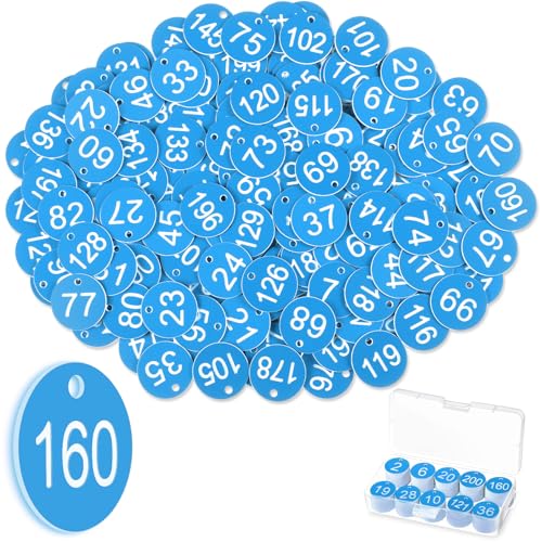 Tenare 1-200 Números de Mesa de Plástico Etiquetas de Números de Clave Etiquetas de Identificación Pequeñas Impermeables Etiquetas de Guardarropa con Orificio para Hotel, sin Llaveros(Azul)