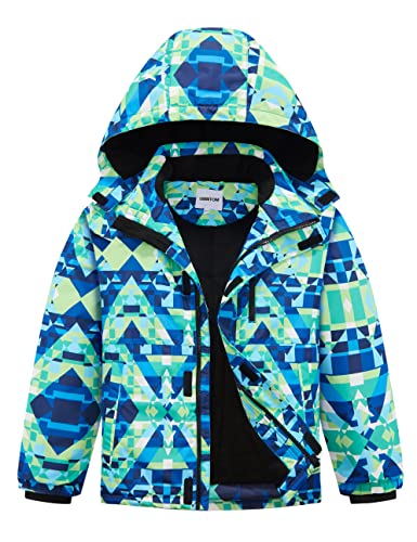 UMMTOM Boys Waterproof Ski Jacket Fleece Lined Warm Winter Snow Coat Hooded Winter Jacket for Kids(Green Geometry,9-10)