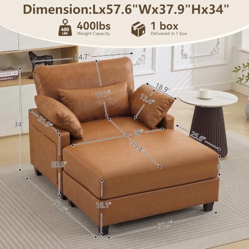 Image of 58 inch Oversized Faux Leather Chaise Lounge Chair Indoor, Mid Century Modern Accent Chair with Ottoman, Deep Seat Comfy Reading Chair with Side Pocket, Single Sofa Armchair for Living Room Bedroom,Brown